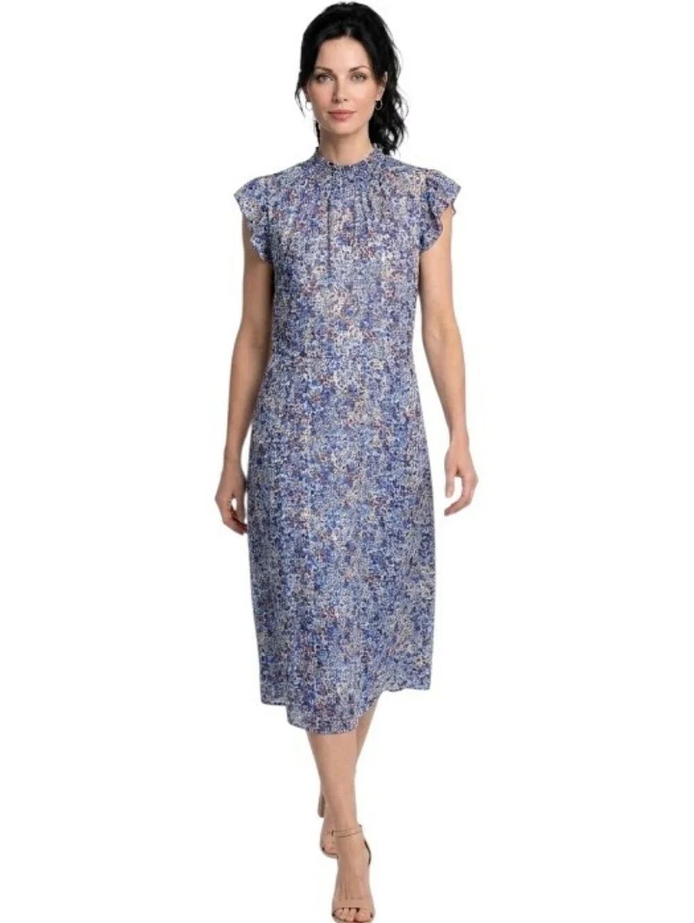 Nina Leonard Floral Smocked Neck Flutter Sleeve Print Dress Size XL